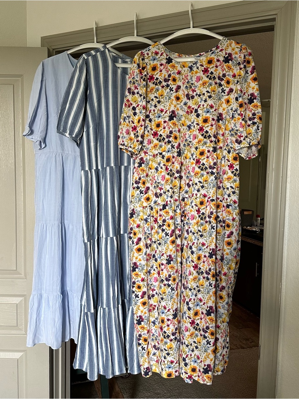 3 Puffed Sleeve Tiered Midi Dresses Floral w/ Pink & Yellow Flowers and Striped